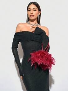 SHEIN BAE Women Luxury Feather Decorated Party Clutch, Black Handbag For Evening/Club Events Valentines