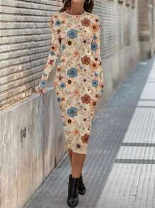 SHEIN LUNE 女士优雅复古小碎花圆领紧身长袖连衣裙 - 彩色 - 查看 4