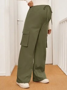 SHEIN Adjustable Waist Maternity Casual Pants With Pockets, Solid Color Wide Leg Loose Style