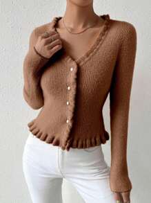 Chiquease 1pc Women Cardigan Sweater, Solid Color, Faux Pearl Button, Slim Fit, Suitable For Spring And Autumn