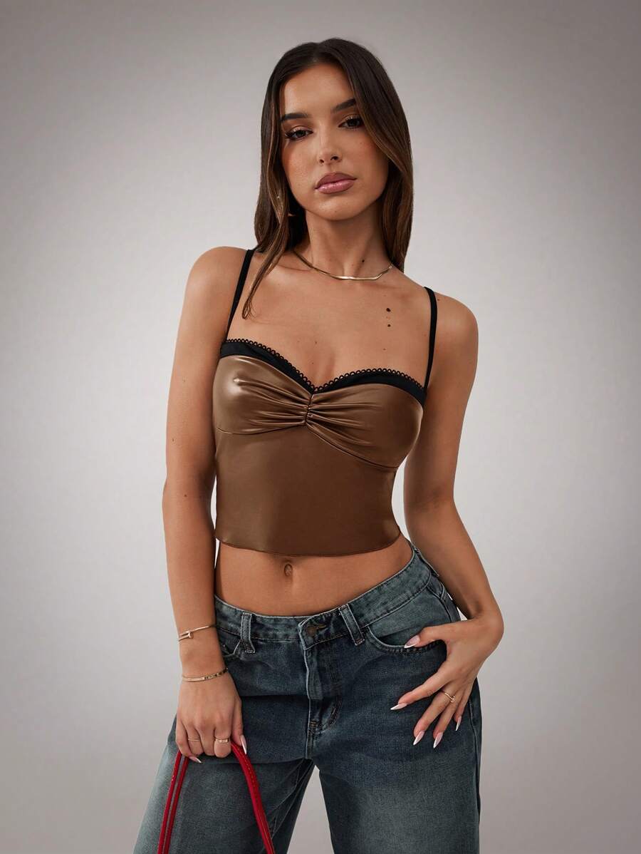 SHEIN BAE 女士复古勃艮第 PU 紧身性感对比蕾丝上衣服装、聚拢胸罩嬉皮女装、圣诞女装、黑色蕾丝胸罩、红色蕾丝胸罩、红黑色上衣、红色胸罩、冬季女装、红色皮革上衣、红色性感上衣 - 棕色 - 查看 1