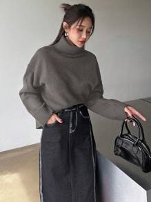 DAZY Áo len cổ cao trễ vai màu trơn thường ngày, thời trang thu đông cho nữ - Màu xám đen - Xem 4