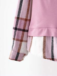 SHEIN 2pcs/Set Tween Girl Loose Knitted Patchwork Plaid Hoodie With Relaxed Hem Sweatpants Set - Pink - View 4