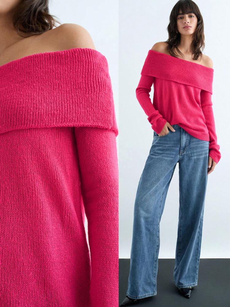 SHEIN Maija New Stylish Urban Elegant Casual Woman Pink & Burgundy Off Shoulder Sweater, Autumn/Winter