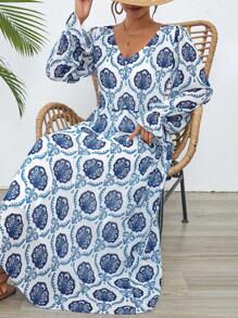 SHEIN LUNE V-Neck Long Sleeve Ethnic Print Long Casual Woven Dress For Women - Blue - View 3