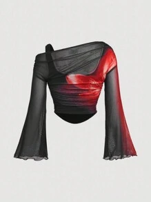 SHEIN MOD 大码黑色露肩网眼二合一喇叭袖长袖女式上衣