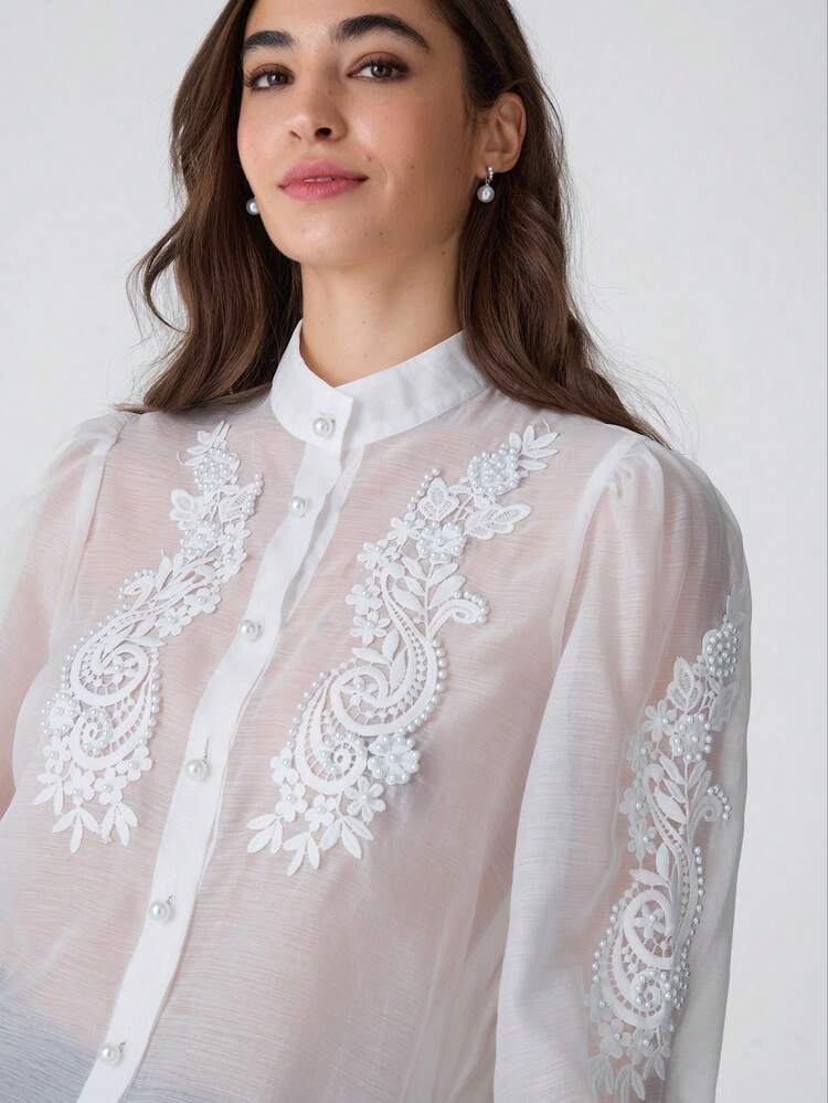 Winter Romantic Women's Elegant Floral Lace Bubble Beads Decoration Long Sleeve Elegant Blouse, For Christmas Party&Romantic Dinner Dates