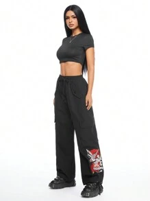 ROMWE J-Fashion Y2K 低腰刺绣工装裤 - 黑色 - 查看 6