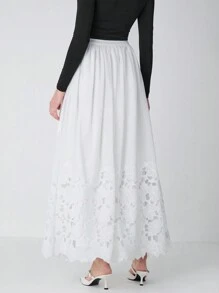 Enchnt 女士纯色弹性腰部激光切割下摆优雅长裙 - 白色 - 查看 7