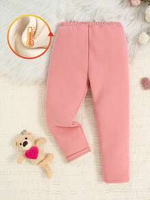 1pc Young Girl Pink Solid Color Thermal Lined Leggings, Fashionable & Warm - Pink - View 1