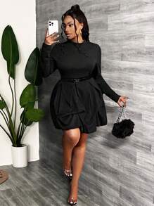 Slaydiva Trang phục Lễ Tạ ơn mới dành cho nữ, váy dài tay phối hoa, cỡ lớn, màu trơn, trang phục ngày lễ, trang phục năm mới cho nữ, váy dự tiệc, ngày Valentine. - màu đen - Xem 4