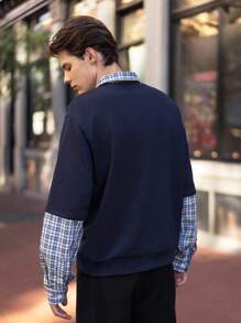 Manfinity VCAY 1 件男士针织休闲日常宽松长袖 Polo 衫 - 藍色 - 查看 2