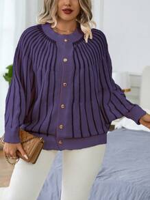 Calvaya Cárdigan informal de manga larga a rayas de talla grande con un solo botonadura, para otoño/invierno - Morado - Ver 5