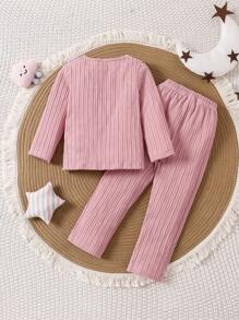 2pcs Young Girl Lotus Root Pink Thick Cable Knit Ruffle Decor Leisure Comfortable Fashion Essential Long Pants And Long Sleeve Pajama Set, Autumn/Winter
