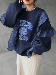 FRIFUL Women's Round Neck Long Sleeve Casual Ruffle Hem Printed Loose Sweatshirt - Navy Blue - View 4