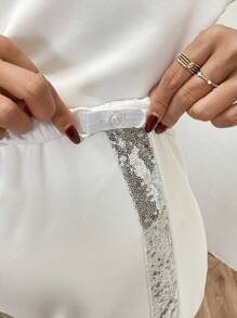 SHEIN Maternity Contrast Sequin Drop Shoulder Sweatshirt & Sweatpants - White - View 5