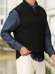 Manfinity Homme Men's Casual Solid Color Knit Vest, Autumn - Multicolor - View 6