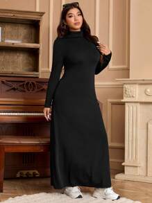 SHEIN EZwear Vestido largo de tela mullida y suave, de cuello alto, elástico y cálido, de talla grande, para otoño/invierno