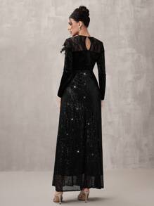 SHEIN Belle 纯色亮片拼布圆领优雅长袖正式晚礼服 - 黑色 - 查看 2