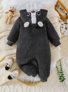 SHEIN Baby Boys' Colorblock Cartoon Cute 3D Ear Embroidery Plush Warm Hooded Romper, Autumn/Winter