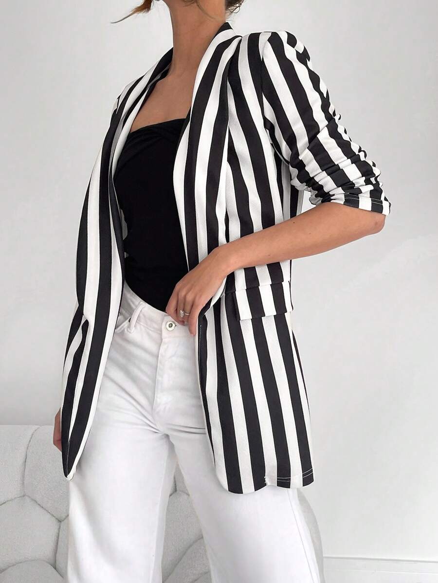 SHEIN Essnce 女士优雅休闲时尚百搭老款黑白条纹亚麻披肩领褶皱七分袖西装外套商务女装教师服条纹西装外套秋装圣诞女装职业装冬季女装保暖冬装新年感恩节假期