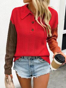 SHEIN LUNE Suéter de punto de mujer con cuello de botón y bloqueo de color para otoño/invierno