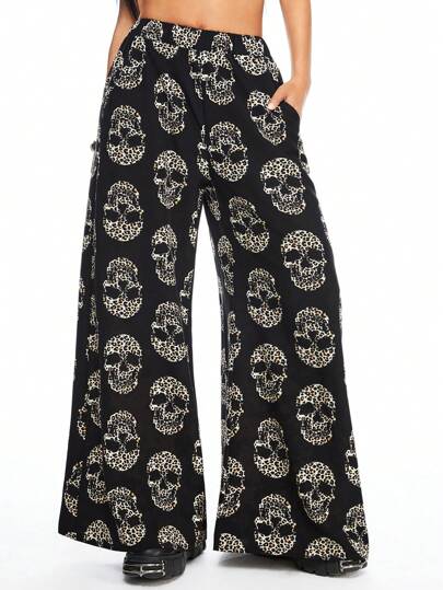 Goth Pantalon décontracté pour femmes avec imprimé graphique de squelette sombre, pour un port quotidien