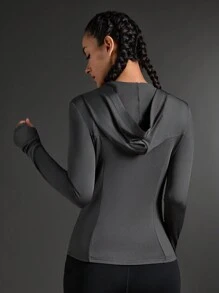 SHEIN Sports Solid Color Ruched Fitted Hooded Sports Jacket