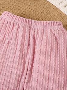 2pcs Young Girl Lotus Root Pink Thick Cable Knit Ruffle Decor Leisure Comfortable Fashion Essential Long Pants And Long Sleeve Pajama Set, Autumn/Winter