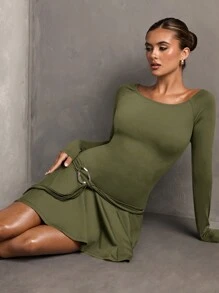 SHEIN BAE Đầm thường ngày cổ tròn tay dài trang trí kim loại màu nâu thu/đông cho nữ có khoen eo và viền xếp nếp, váy màu hạt dẻ, váy mùa thu cho nữ - xanh quân đội - Xem 5