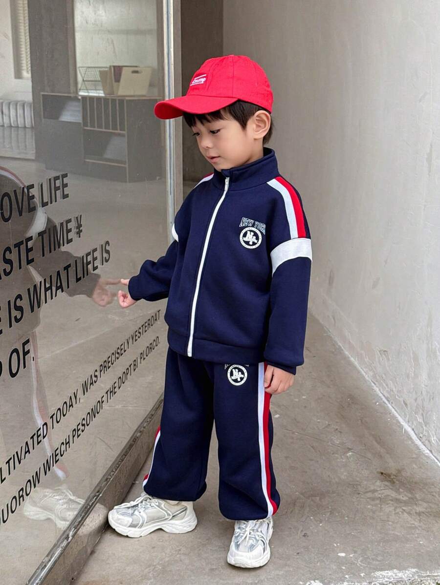 2 Pieces Young Boys Young Boys Casual Academy Comfortable, Stylish, Simple And Practical Japanese And Korean Relaxed Joker Soft And Comfortable With Pattern And Ribbon Decoration Grab Comfortable And Thick Stand Collar Jacket Hoodie And Trousers Suit Suitable For Suburban Play Kids Outfits School Back To School Young Boys SetYoung Boys Outfits Daily Fit For School Fit For Travel Fit For Sports Fit For Fall And Winter