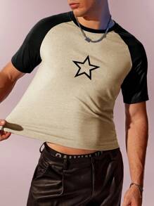 Manfinity Hypemode Camiseta casual de manga corta de cuello redondo tipo raglan con estampado de estrella de cinco puntas y color contrastante para hombres