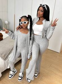 Slaydiva 青少年女孩运动休闲舒适针织纯色长袖开衫和全长裤套装，搭配母女装（2 套单独出售） - 灰色 - 查看 1
