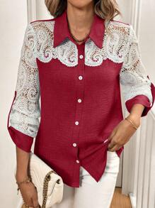 SHEIN Clasi 女士牛仔效果撞色蕾丝边长袖衬衫（随机印花）新年服装女士衬衫 - 紅色 - 查看 3