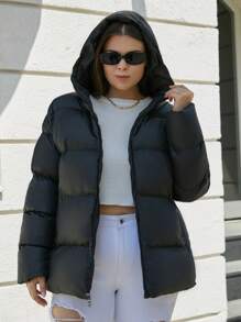 EURMUSE Zip Up Hooded Puffer Coat - Black - View 3