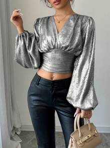 Chiquease Blouse élégante à manches longues, col en V, froncée, croisée et de couleur unie