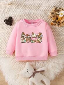 女婴圣诞休闲时尚“Babygirl”饼干、姜饼人、雪人、圣诞树、咖啡杯图案基本款圆领运动衫，适合圣诞派对、圣诞装 - 淺粉色 - 查看 2