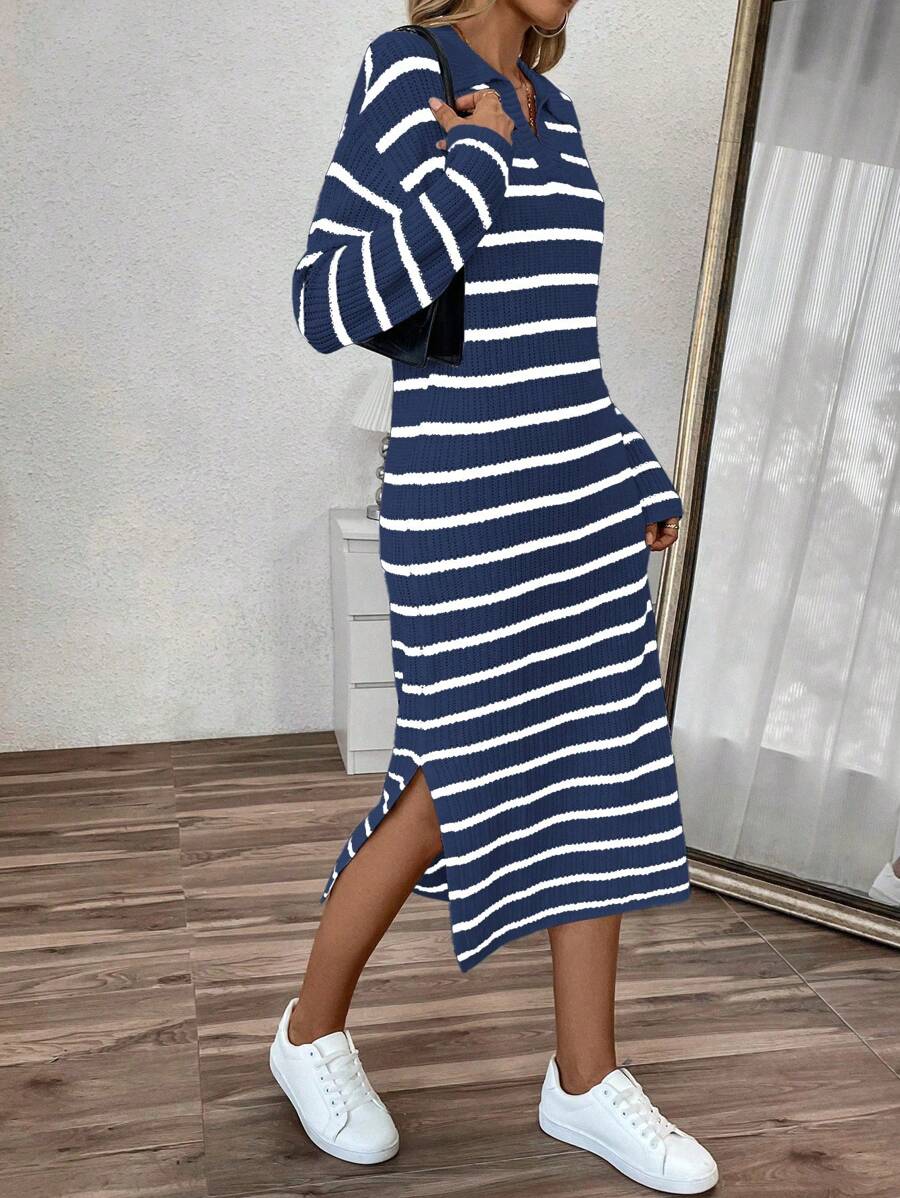 SHEIN Unity 女士 Polo 领、V 领条纹低胸休闲长款毛衣连衣裙 - 藏蓝色 - 查看 1