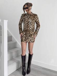 SHEIN X Belinda SHEIN Essnce Chaqueta con estampado de leopardo elegante para mujer, otoño