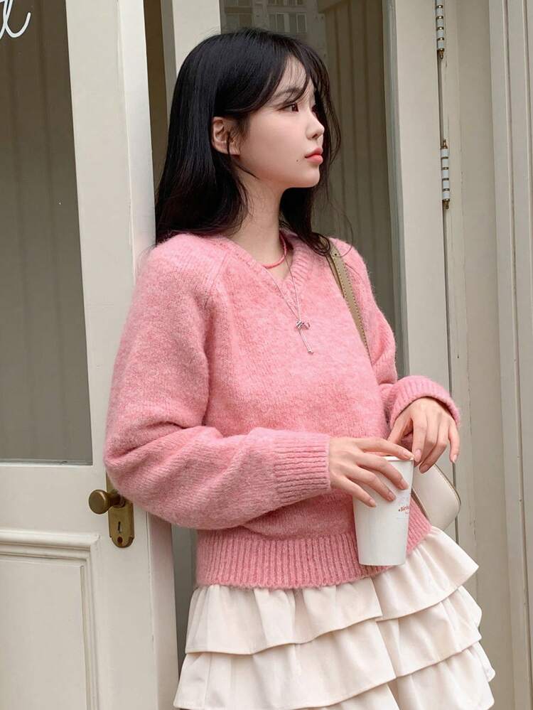 Suéter holgado de uso diario casual con cuello en V de manga larga para mujer, blusas de manga larga, ropa de otoño