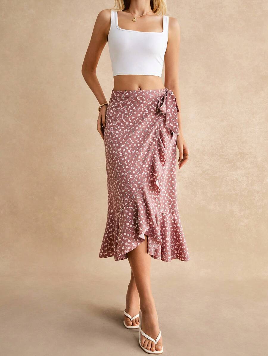 Poéselle 碎花荷葉邊側打結半身裙