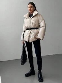 Aloruh Women's Casual Chic High Neck Loose Fit Long Sleeve Padded Coat - Apricot - View 5