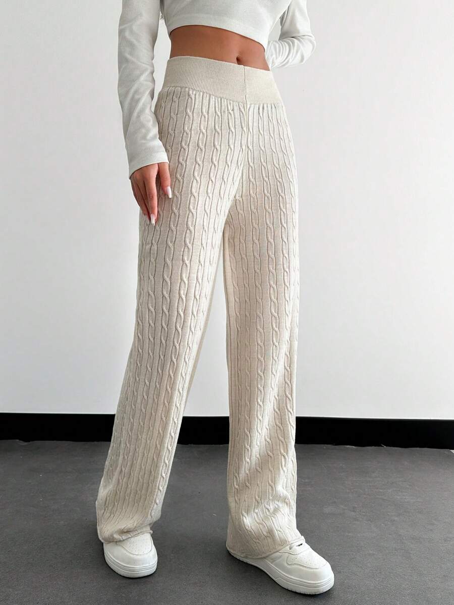 SHEIN PETITE Casual Solid Color Cable Knit Sweater Pants, Fall/ Lounge Apricot
