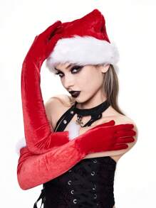 ROMWE Goth 1set Christmas Hat & Gloves Set, For Holiday Party - Burgundy - View 4