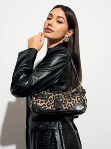 SHEIN BAE Bolso de hombro de mujer estampado de leopardo patchwork PU para ir a la ciudad, bolso de con estampado de leopardo para mujer, el leopardo está de vuelta