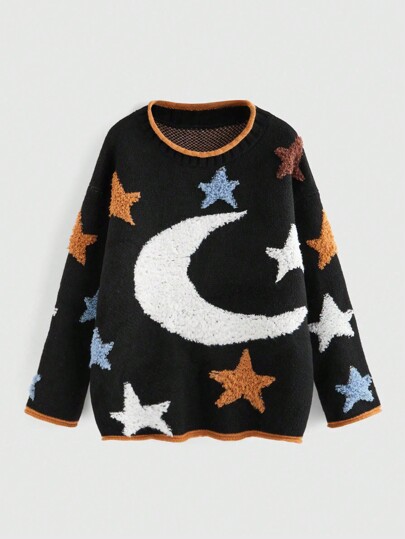 Bohème-Mond- und Sternenmuster Jacquard Strickpullover