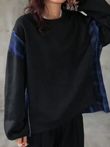 FRIFUL 女式撞色格子印花休闲宽松长袖运动衫，秋季服装 - 黑色 - 查看 6