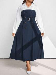 Calvaya Plus Size Solid Color Patchwork Front Button Long Sleeve Simple Casual Dress Maxi Women Outfit Fall Cloth For Women