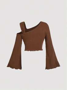 SHEIN MOD 大码女式不对称领口喇叭袖棕色 T 恤上衣 - 棕色 - 查看 2