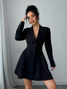 Elenzga Váy xếp ly viền tương phản đen trắng cho nữ - màu đen - Xem 3